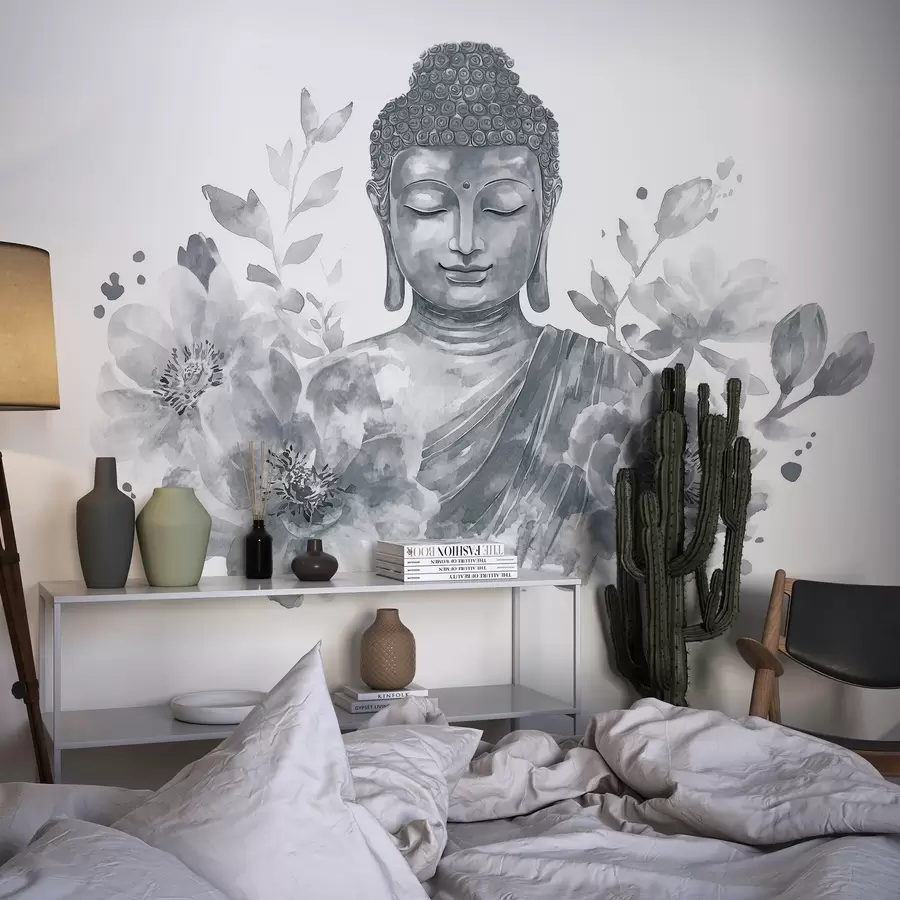 fototapeter Akvarell Buddha med blomster, spirituell, grå fargepalett  w04005v1