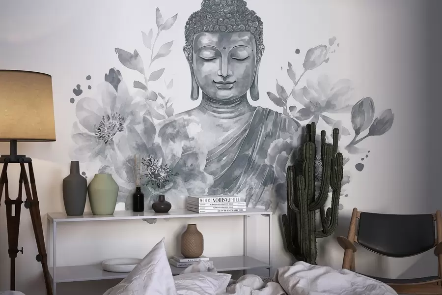 fototapeter Akvarell Buddha med blomster, spirituell, grå fargepalett  w04005v1