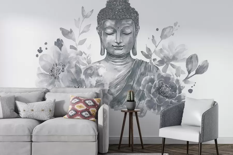 fototapeter Akvarell Buddha med blomster, spirituell, grå fargepalett  w04005v1