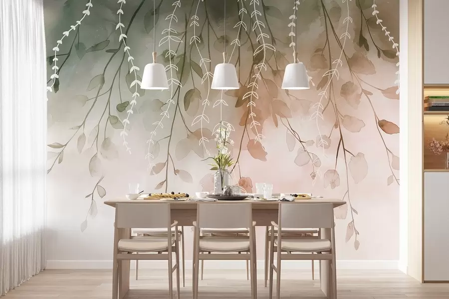 fototapeter Grener med blader i akvarellstil, naturlige høstfarger w04007v1