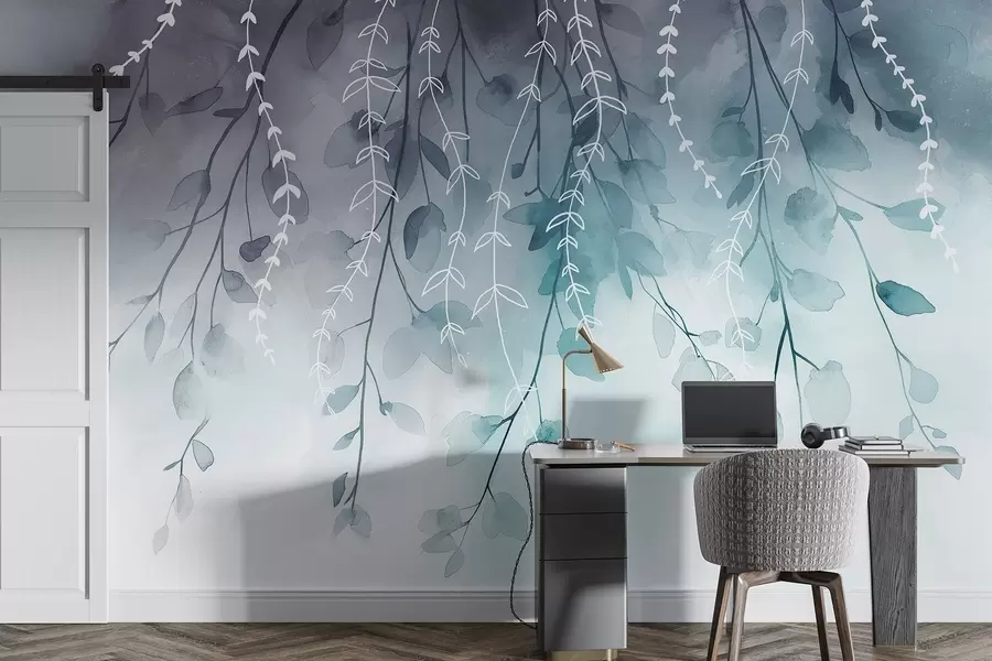 fototapeter Grener med blader i akvarellstil, naturlige akvamarinfarger w04007v3