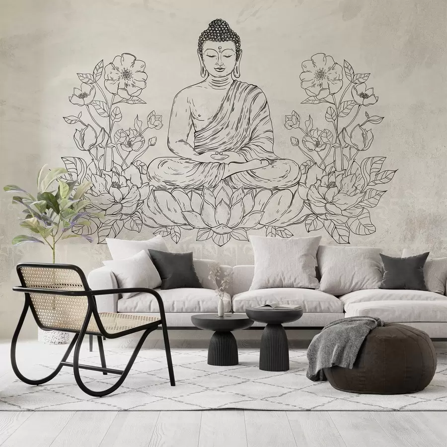 fototapeter Mediterende Buddha med lotusblomster, strek, orientalsk, beige bakgrunn w04008v1