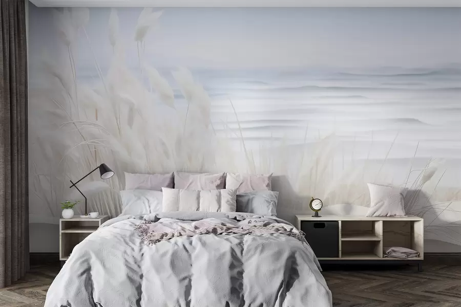 fototapeter Landskap med hvitt pampasgress på en sanddyne, med et lyseblått hav i bakgrunnen, myk, minimalistisk stil w09132