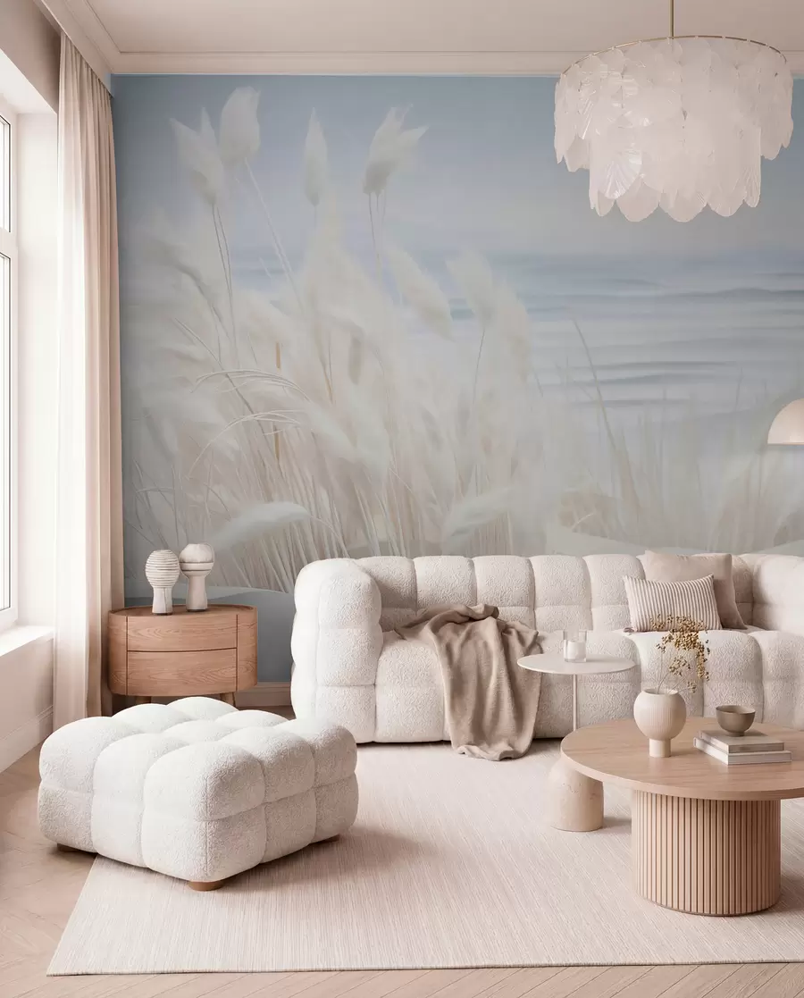 fototapeter Landskap med hvitt pampasgress på en sanddyne, med et lyseblått hav i bakgrunnen, myk, minimalistisk stil w09132