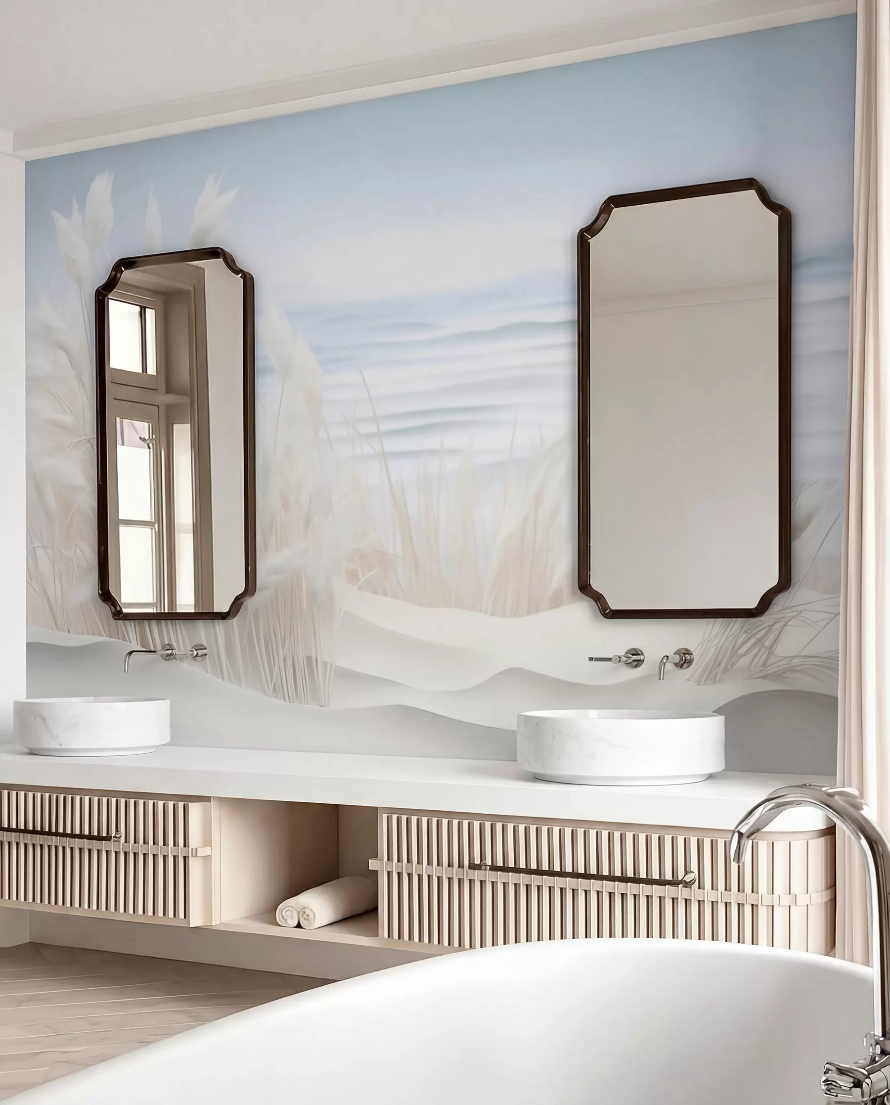 fototapeter Landskap med hvitt pampasgress på en sanddyne, med et lyseblått hav i bakgrunnen, myk, minimalistisk stil w09132