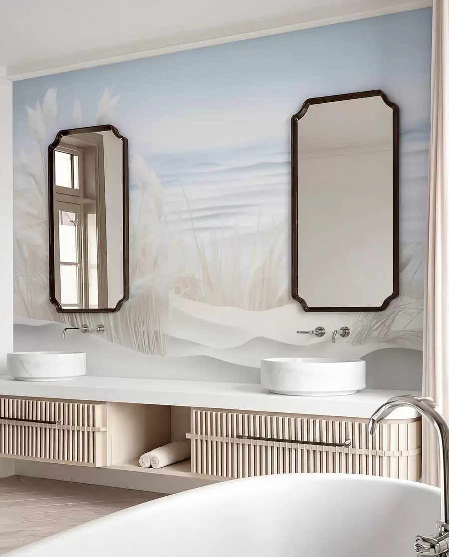 fototapeter Landskap med hvitt pampasgress på en sanddyne, med et lyseblått hav i bakgrunnen, myk, minimalistisk stil w09132