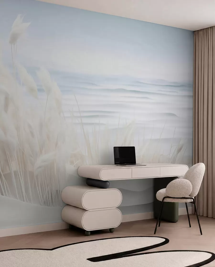 fototapeter Landskap med hvitt pampasgress på en sanddyne, med et lyseblått hav i bakgrunnen, myk, minimalistisk stil w09132