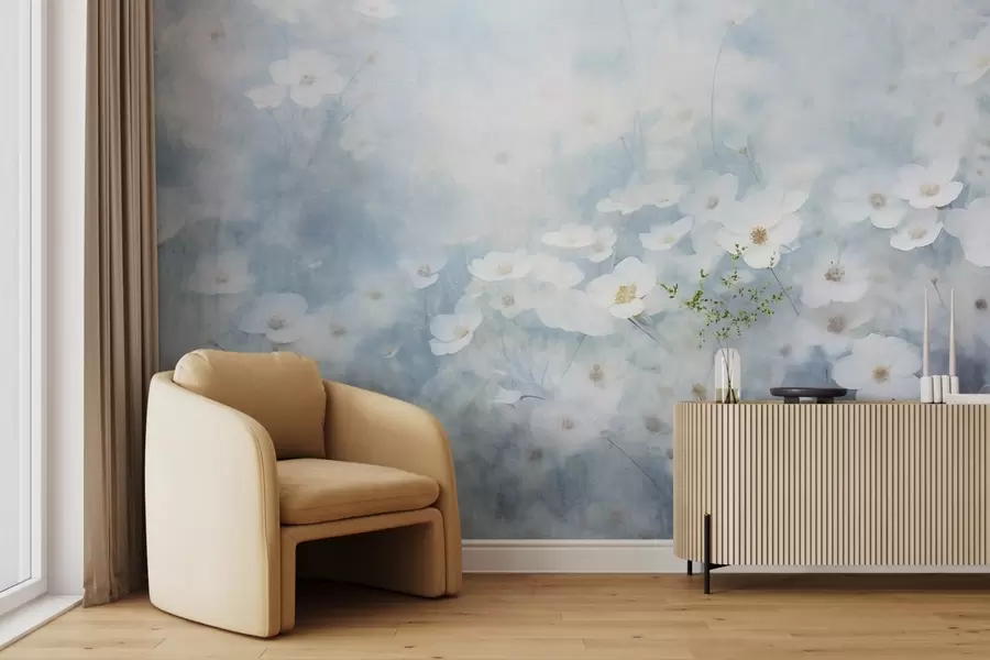 fototapeter Teksturelt felt av hvite anemoneblomster, mykt fokus, drømmende atmosfære, lyseblå og hvit fargepalett, våreng w09134