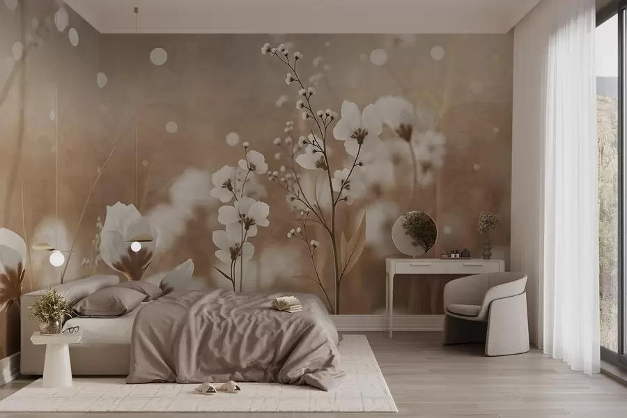 fototapeter Hvite blomster med brune stilker og blader i et felt, bokeh-effekt, varm fargepalett, elegant naturinspirert kunstverk w09135