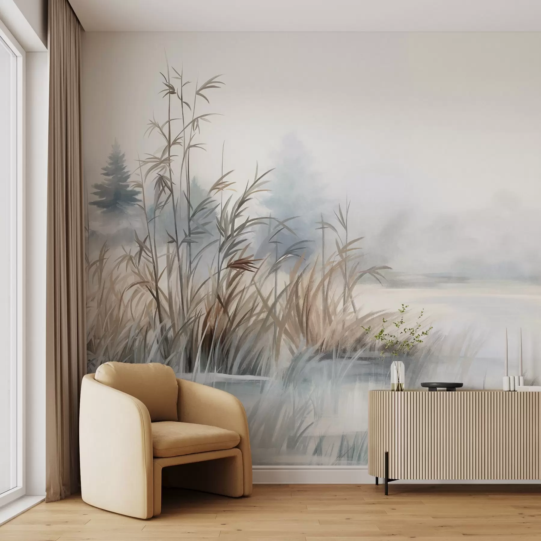 fototapeter Teksturert landskap av en innsjø med høyt gress i forgrunnen, mykt blått og brunt, rolig vann, trær i det fjerne w09137