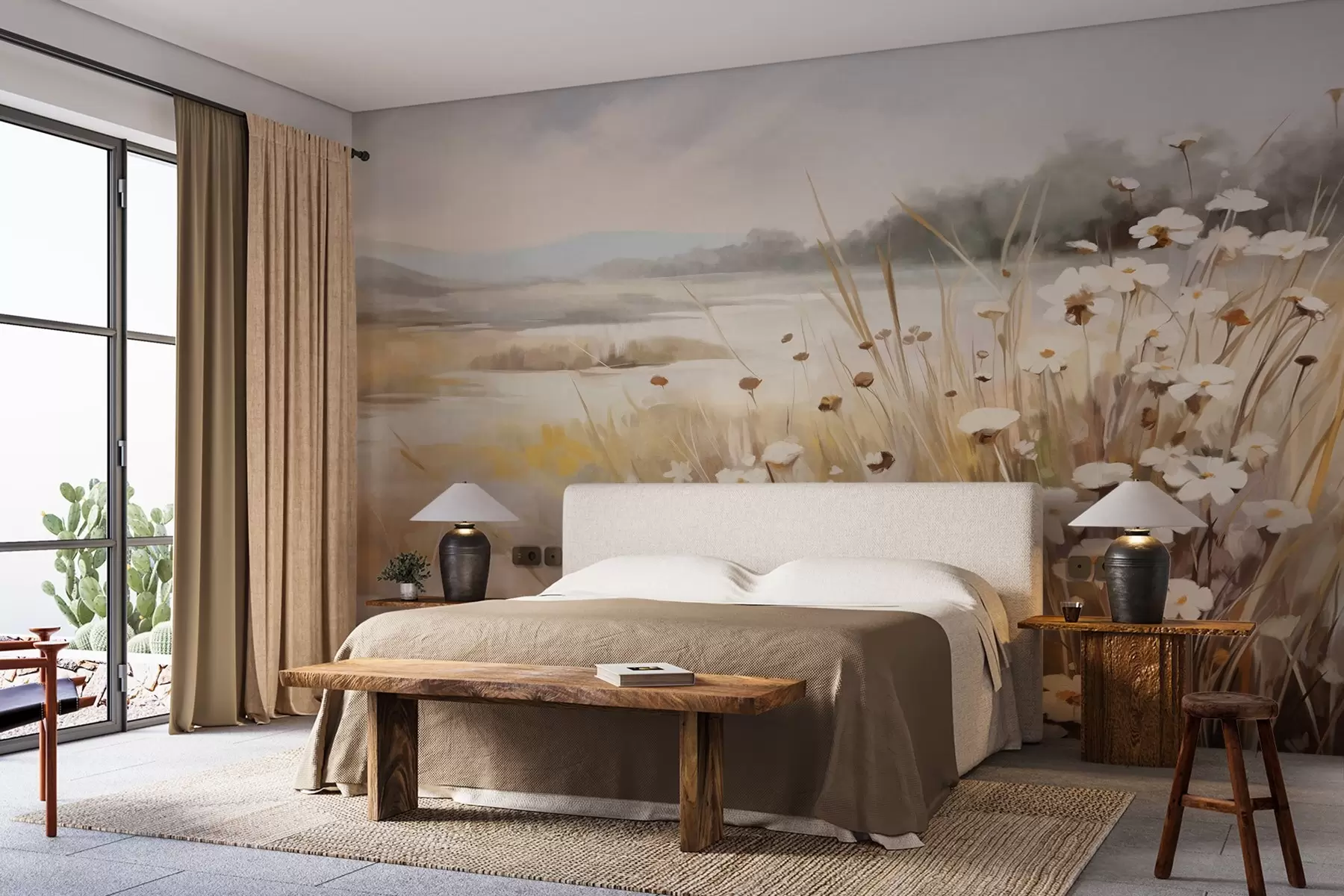 fototapeter Åker med høyt gress og hvite prestekrager, trær i bakgrunnen, under en overskyet himmel, teksturert landskap, myke penselstrøk w09139