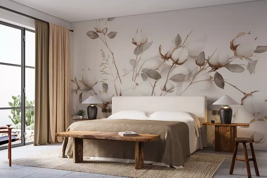 fototapeter Bomullsblomster med stilker og blader i en lysebrun fargepalett, beige bakgrunn, myk og delikat, akvarellstil w09141