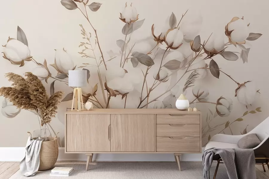 fototapeter Bomullsblomster med stilker og blader i en lysebrun fargepalett, beige bakgrunn, myk og delikat, akvarellstil w09141