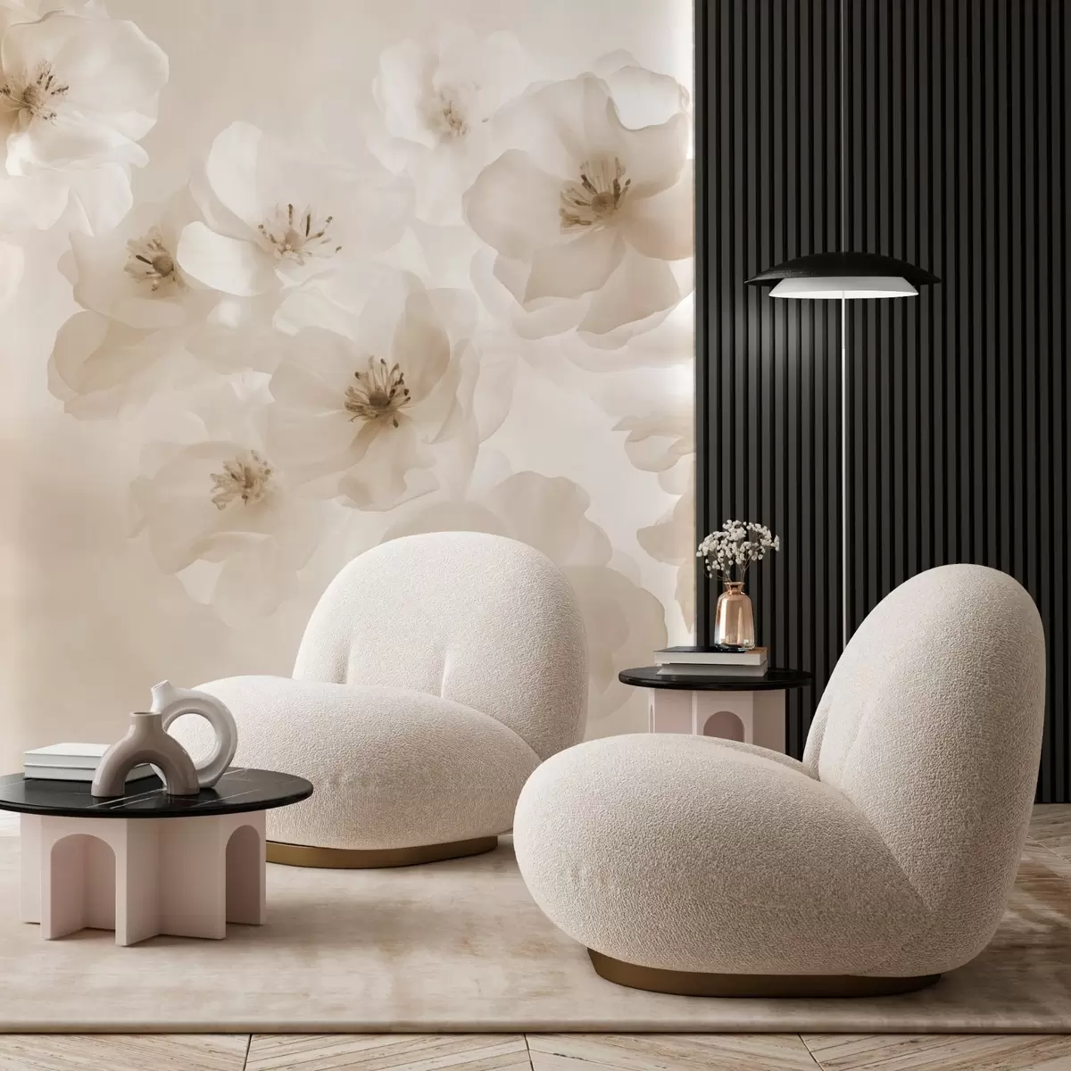 fototapeter Delikate store blomster, nyanser av beige w03931v2