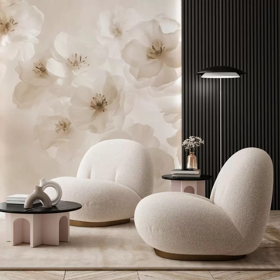 fototapeter Delikate store blomster, nyanser av beige w03931v2