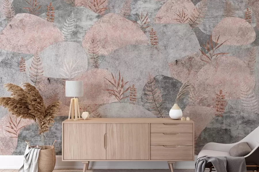 fototapeter Steiner med planter, bregner, nordisk, rustikk stil, grå og rosa farger w04064v1