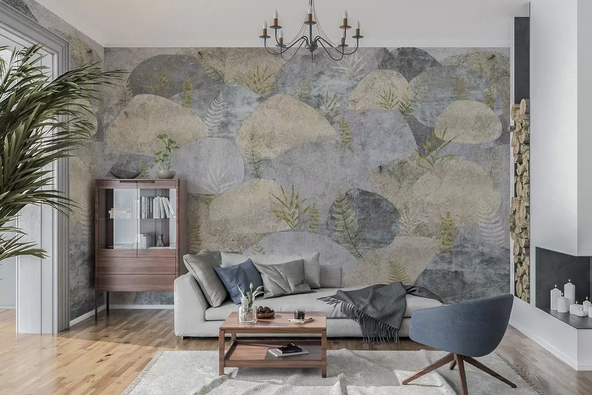 fototapeter Steiner med planter, bregner, nordisk, rustikk stil, grå og sandfarger w04064