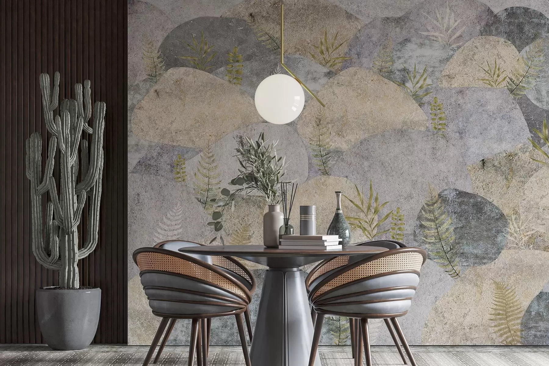 fototapeter Steiner med planter, bregner, nordisk, rustikk stil, grå og sandfarger w04064