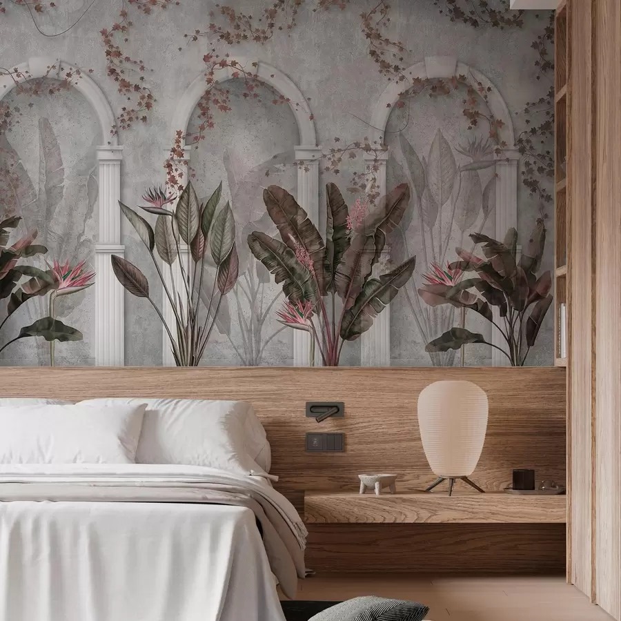 fototapeter Betongvegg med buer og tropiske planter, blomster, burgunderfarger w04065v1