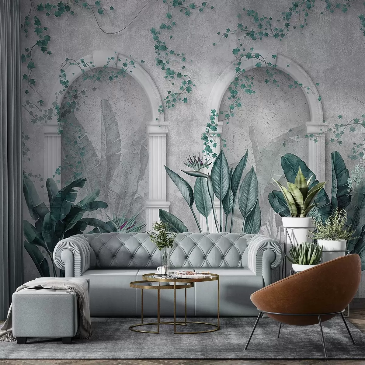 fototapeter Betongvegg med buer og tropiske planter, blomster, blå farger w04065v2