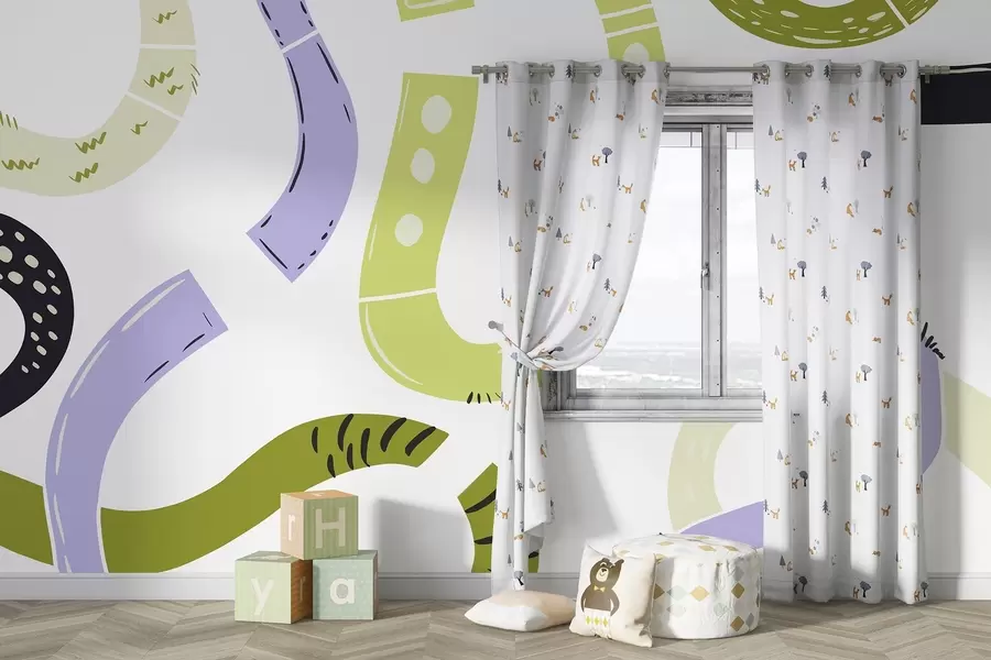 fototapeter Abstrakte tegninger, juvenile, kruseduller, grønn, lilla w04066v1