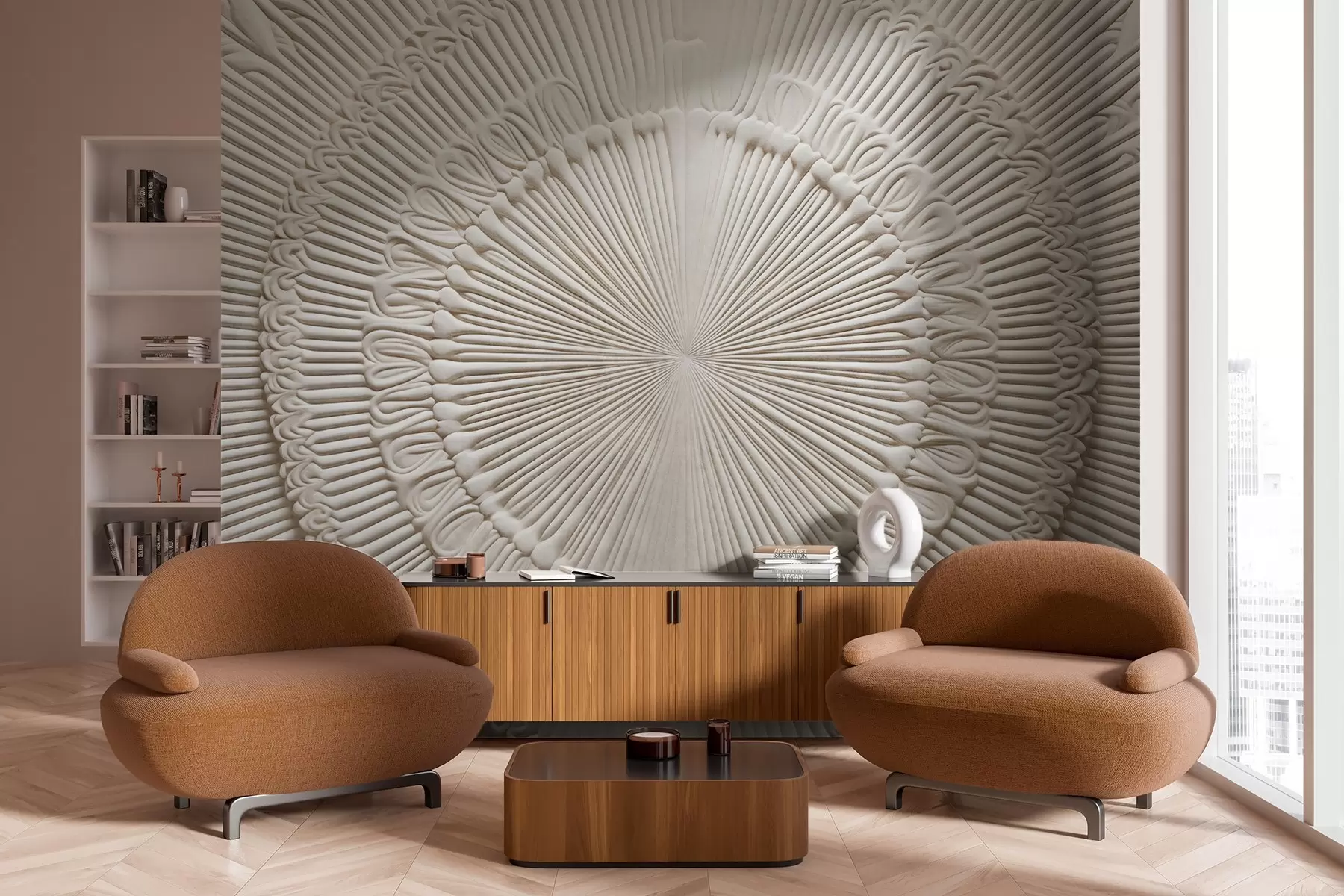 fototapeter Abstrakt strukturert sirkeltrykk med radiale linjer og dekorative elementer, symmetrisk design, reliefftekstur w09154