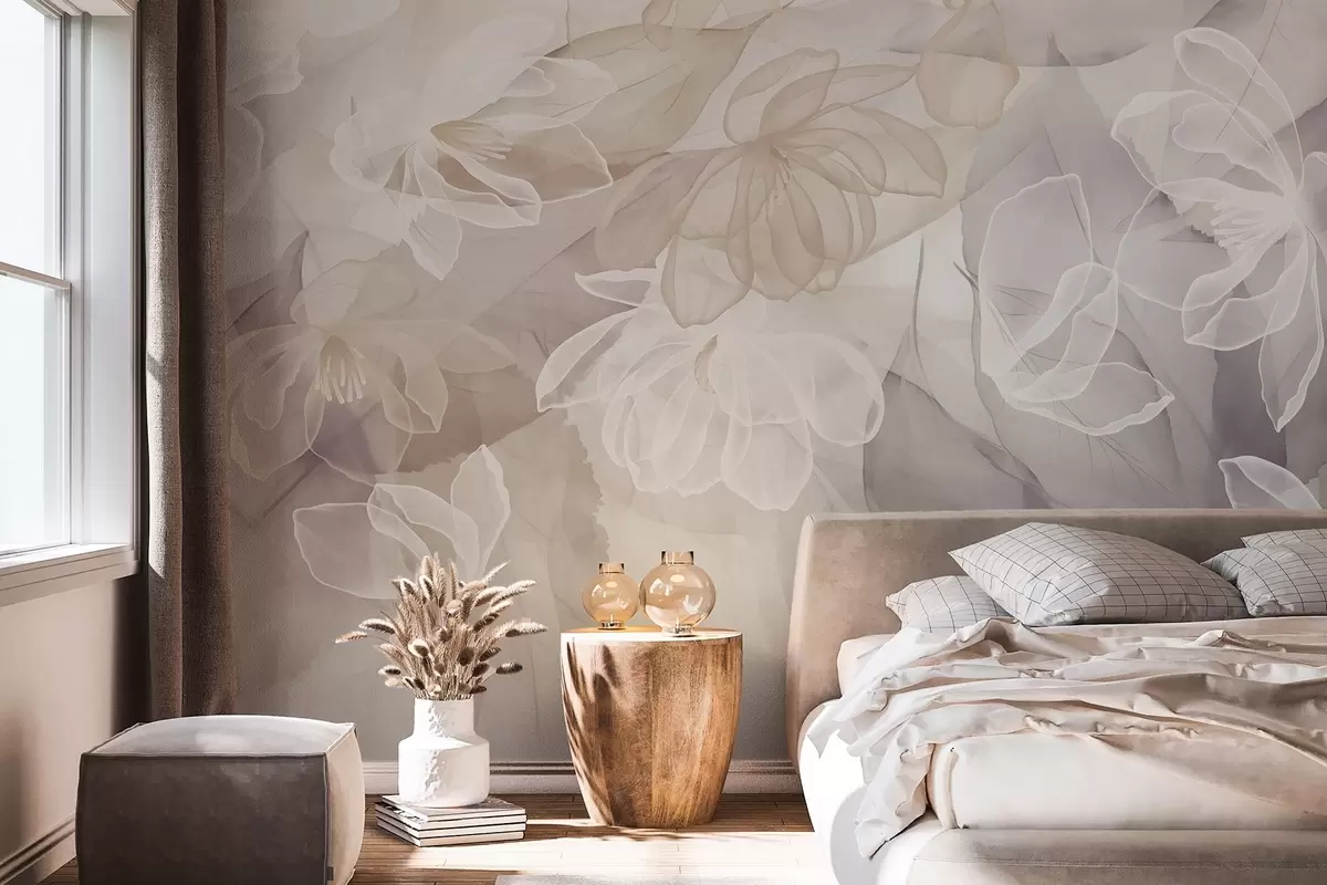 fototapeter Blomster og blader med gjennomsiktige kronblader i nyanser av hvitt, beige og lilla, myke og delikate w09158