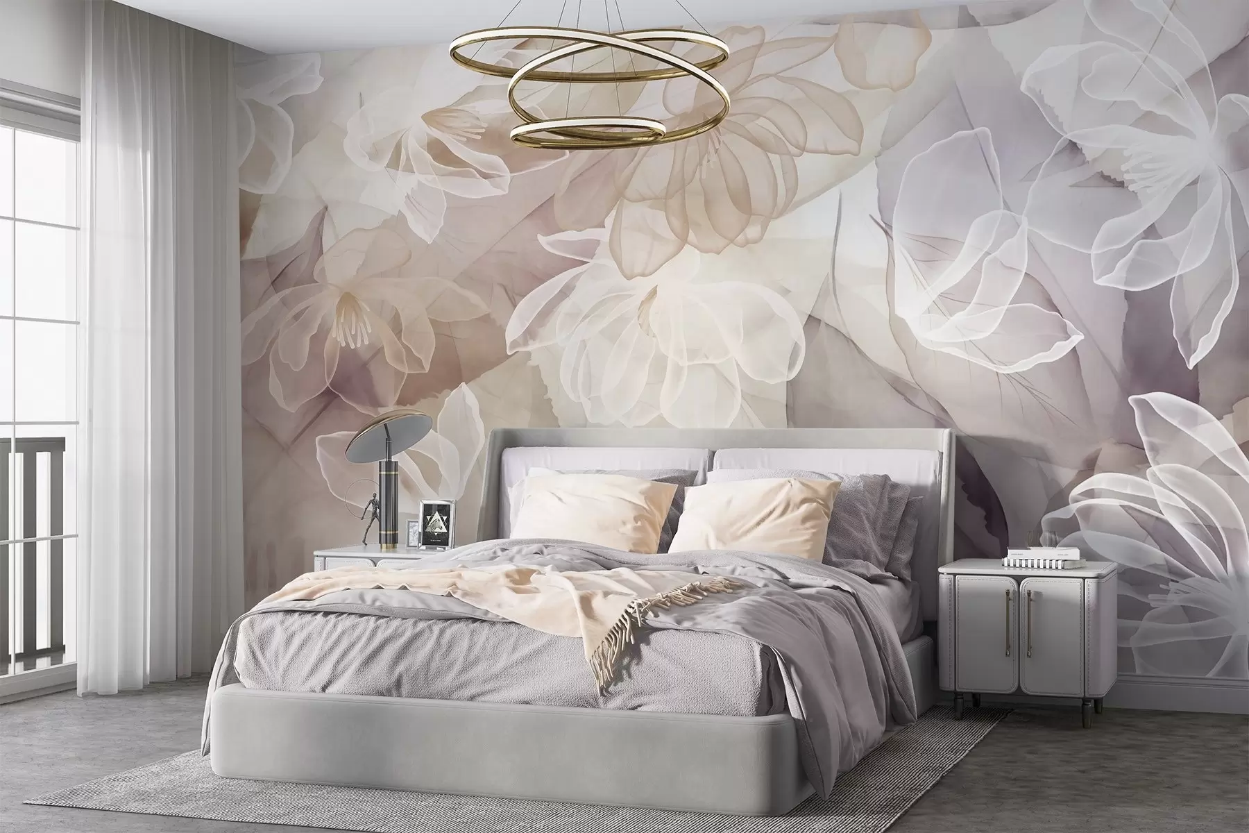 fototapeter Blomster og blader med gjennomsiktige kronblader i nyanser av hvitt, beige og lilla, myke og delikate w09158