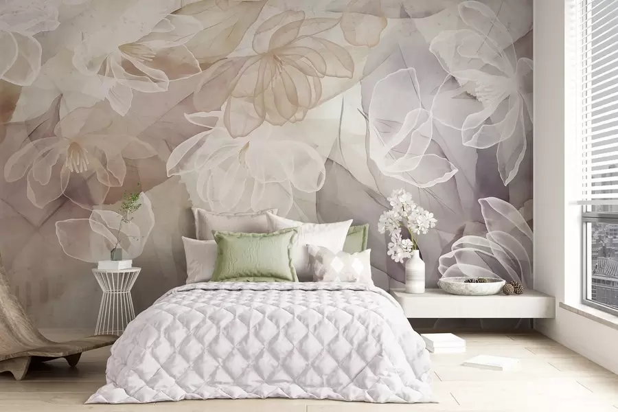 fototapeter Blomster og blader med gjennomsiktige kronblader i nyanser av hvitt, beige og lilla, myke og delikate w09158