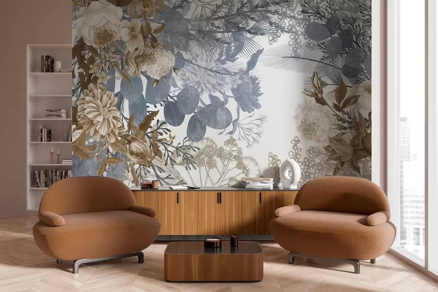 fototapeter Vintage blomsteroppsats med roser, eukalyptus og mimosa i nyanser av blått og brunt  w09164