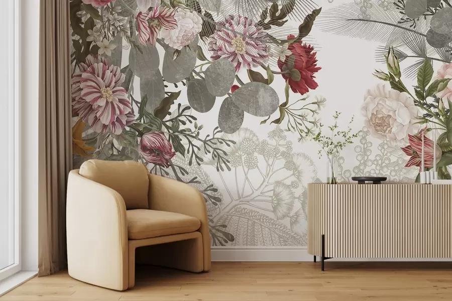 fototapeter Vintage blomsteroppsats med roser, eukalyptus og mimosa i duse nyanser av grønt, rødt og rosa w09164v1