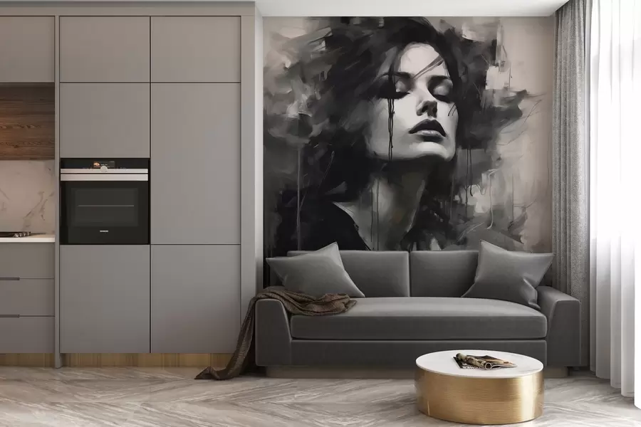 fototapeter Portrett av en kvinne i grå og svarte klær w04049