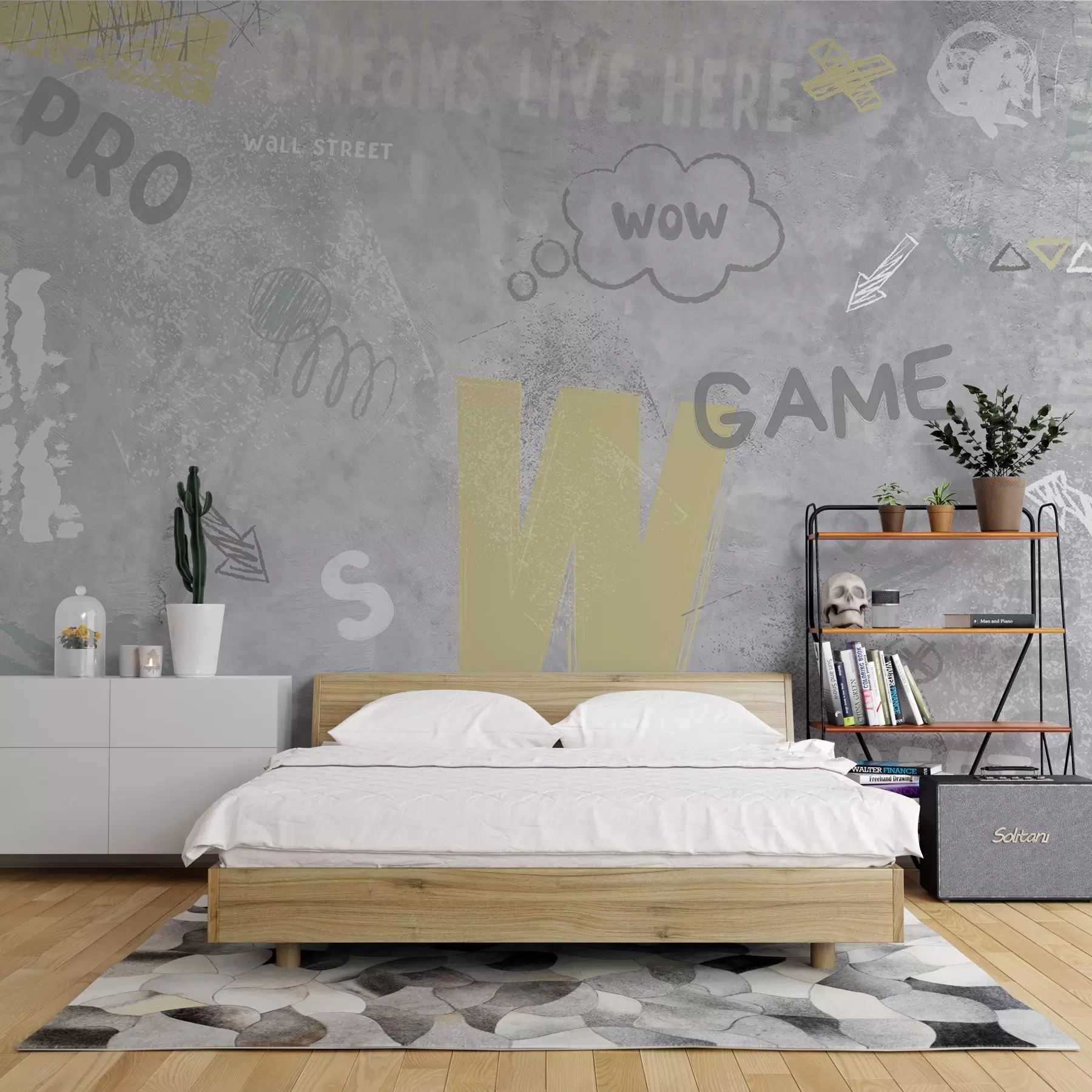 fototapeter Design i gatekunststil med gule fargeinnskrifter på bakgrunn av betongvegg w04056