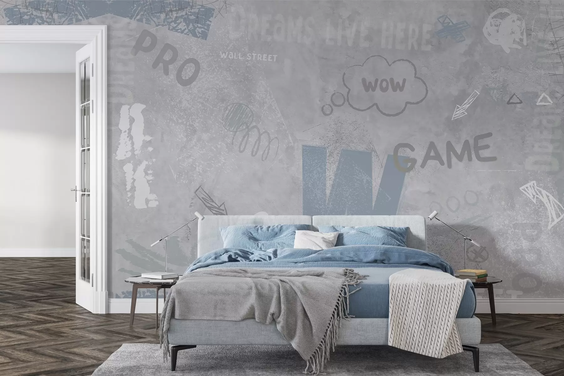 fototapeter Design i gatekunststil med blå fargeinnskrifter på bakgrunn av betongvegg w04056v1