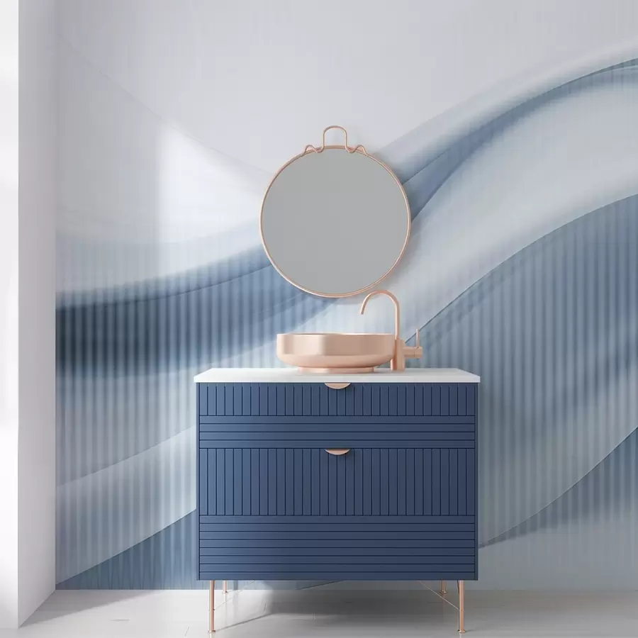 fototapeter Abstrakt trykk med flytende linjer og subtile vertikale striper som skaper en følelse av bevegelse og dybde, blå palett w09189v1