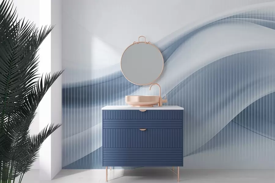 fototapeter Abstrakt trykk med flytende linjer og subtile vertikale striper som skaper en følelse av bevegelse og dybde, blå palett w09189v1