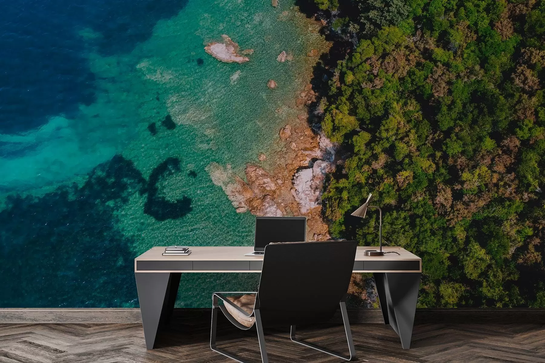 fototapeter Spanias kyst med vann, pinjeskog, luftfotografering w04099