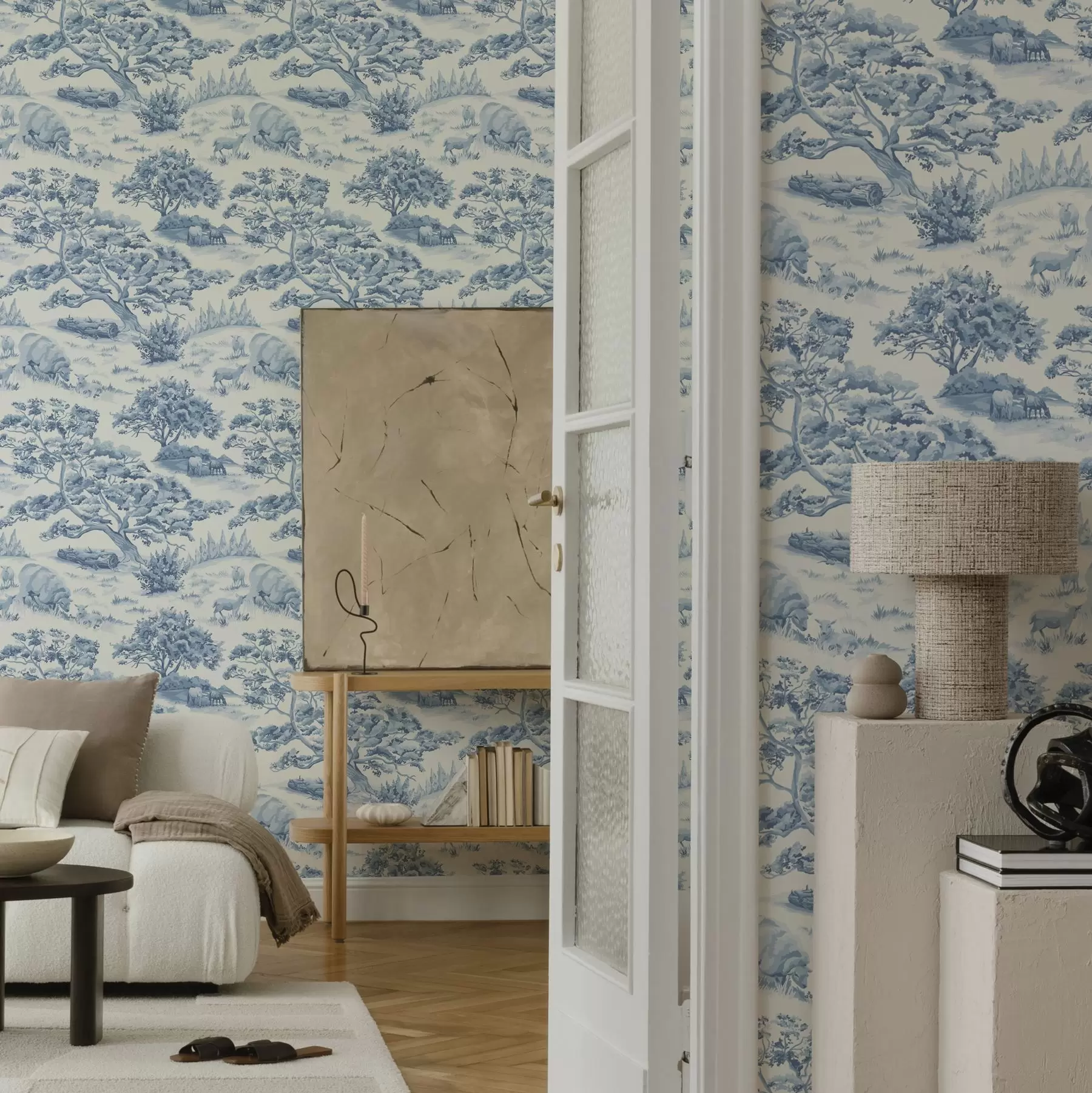 fototapeter Landlig landskap i blåtoner med sauer og trær a00178