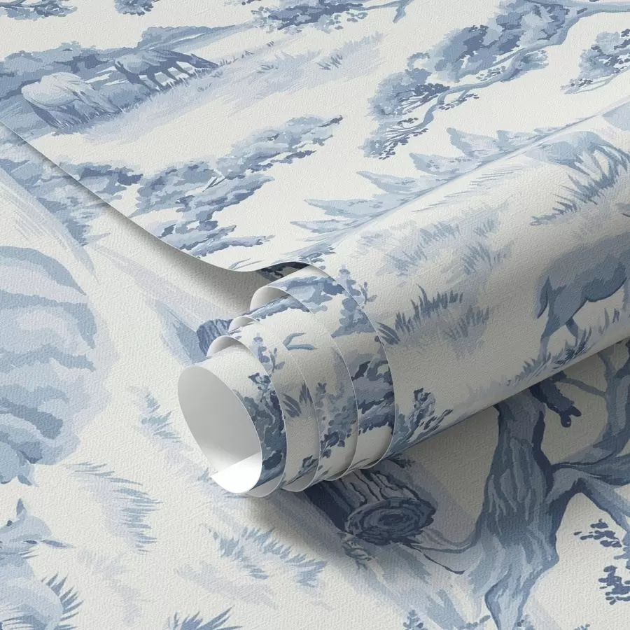 fototapeter Landlig landskap i blåtoner med sauer og trær a00178