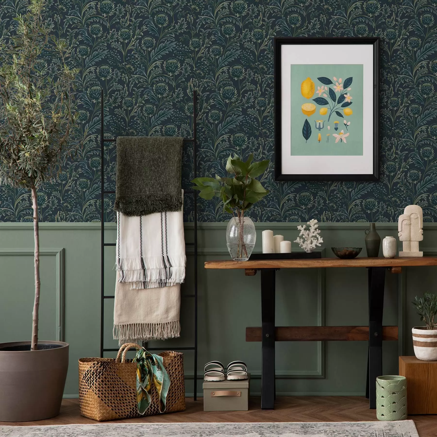 fototapeter Mørkegrønt blomstermønster med artisjokker a00186