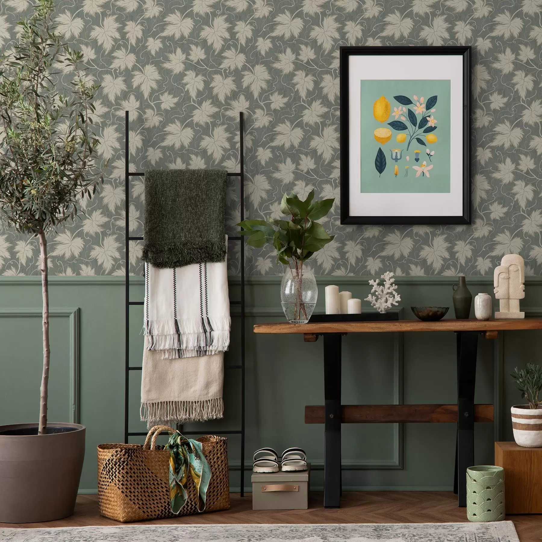 fototapeter Hvitt drueblad på grønn bakgrunn a00194