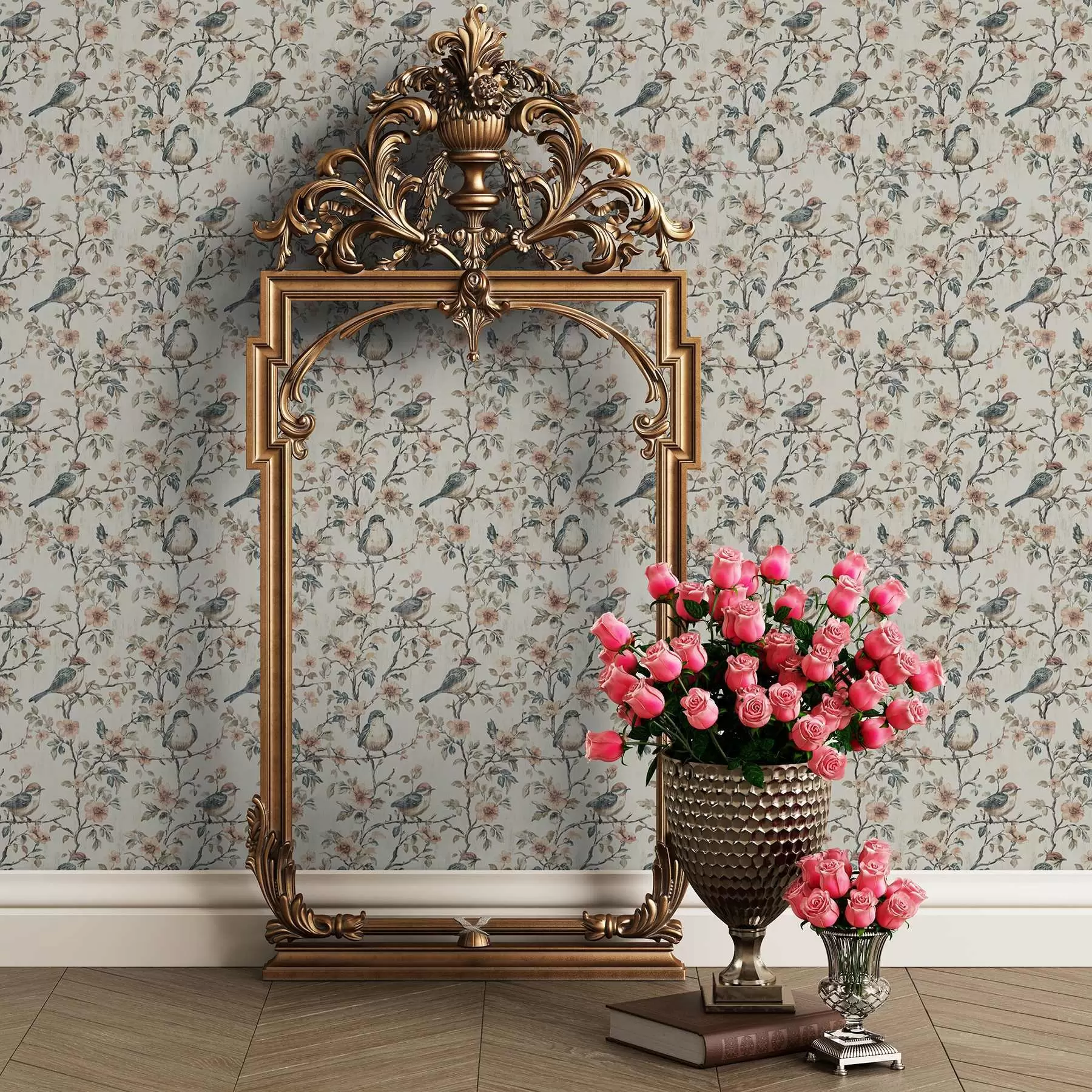 fototapeter Fugler på grener med blomster i retro akvarellstil a00197