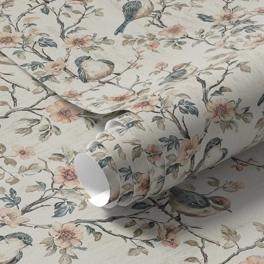 fototapeter Fugler på grener med blomster i retro akvarellstil a00197