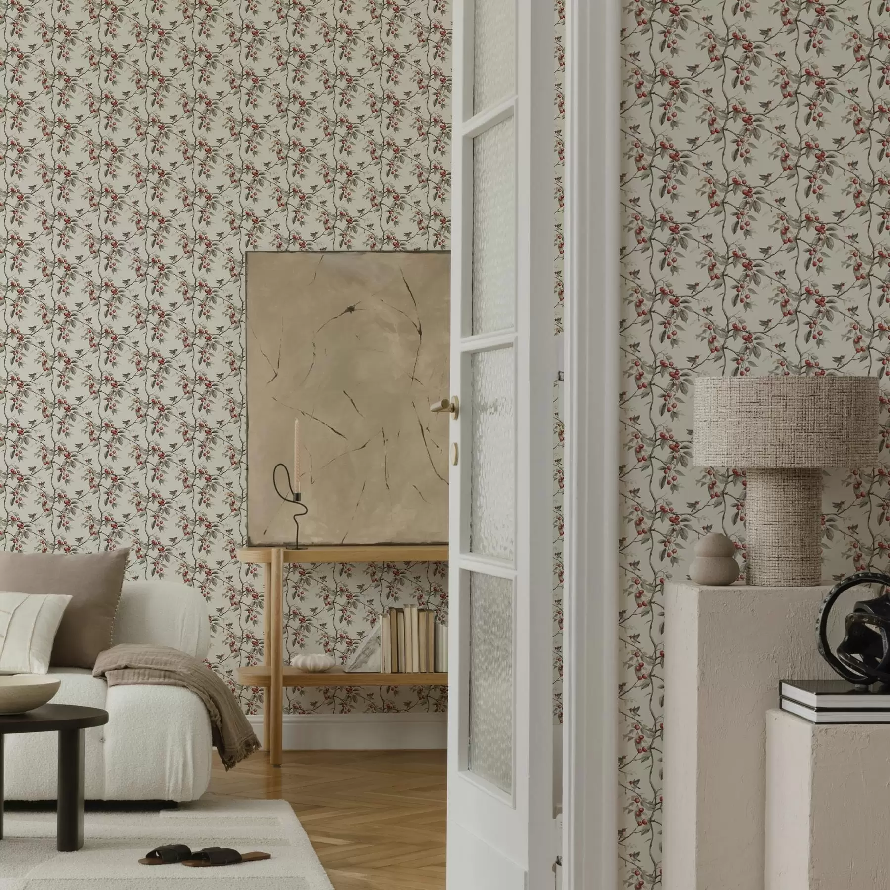 fototapeter Fugler blant kirsebærgrener med røde bær a00206