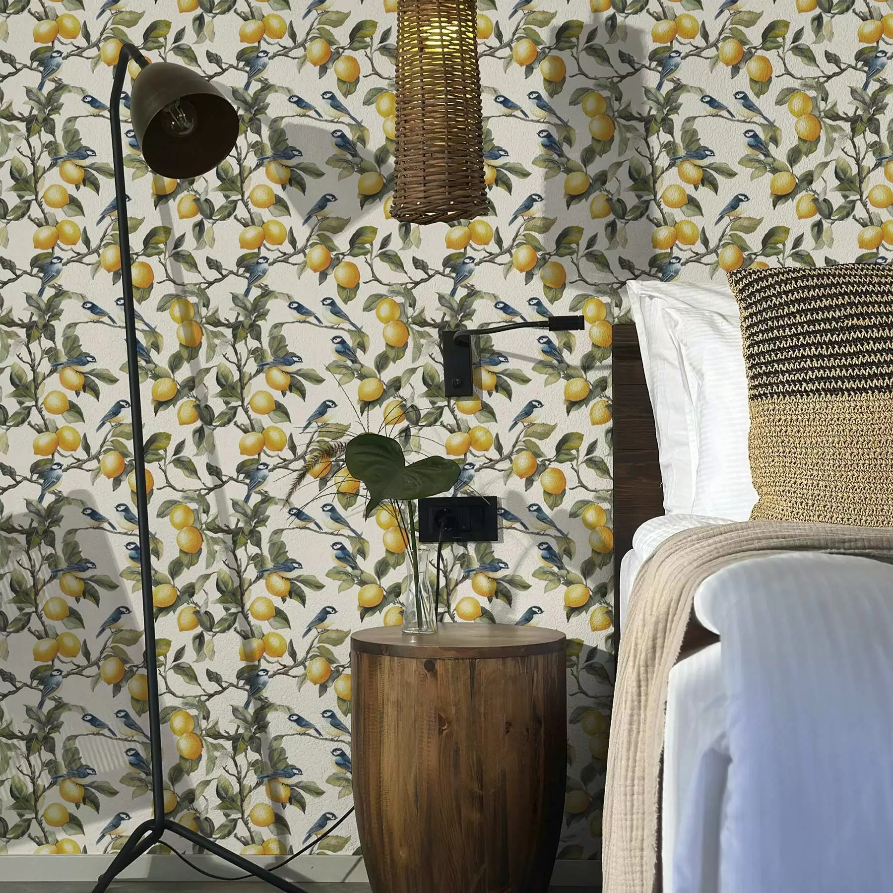 fototapeter Fugler og sitroner på grenene, akvarell botanisk tegning a00207