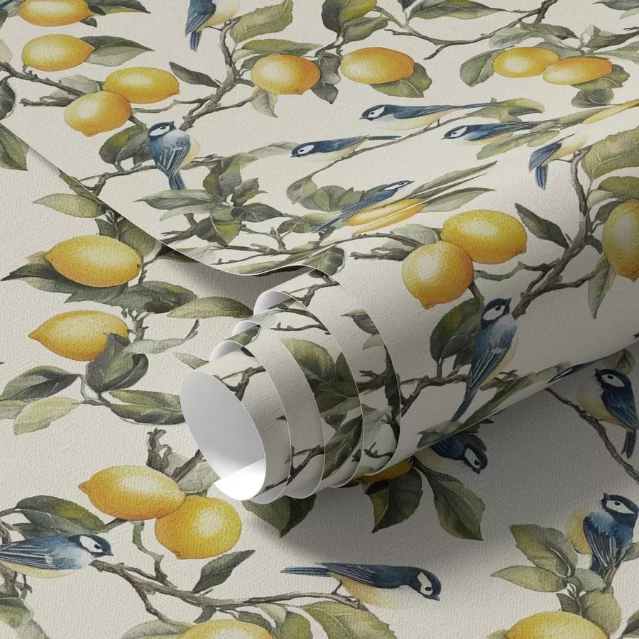 fototapeter Fugler og sitroner på grenene, akvarell botanisk tegning a00207