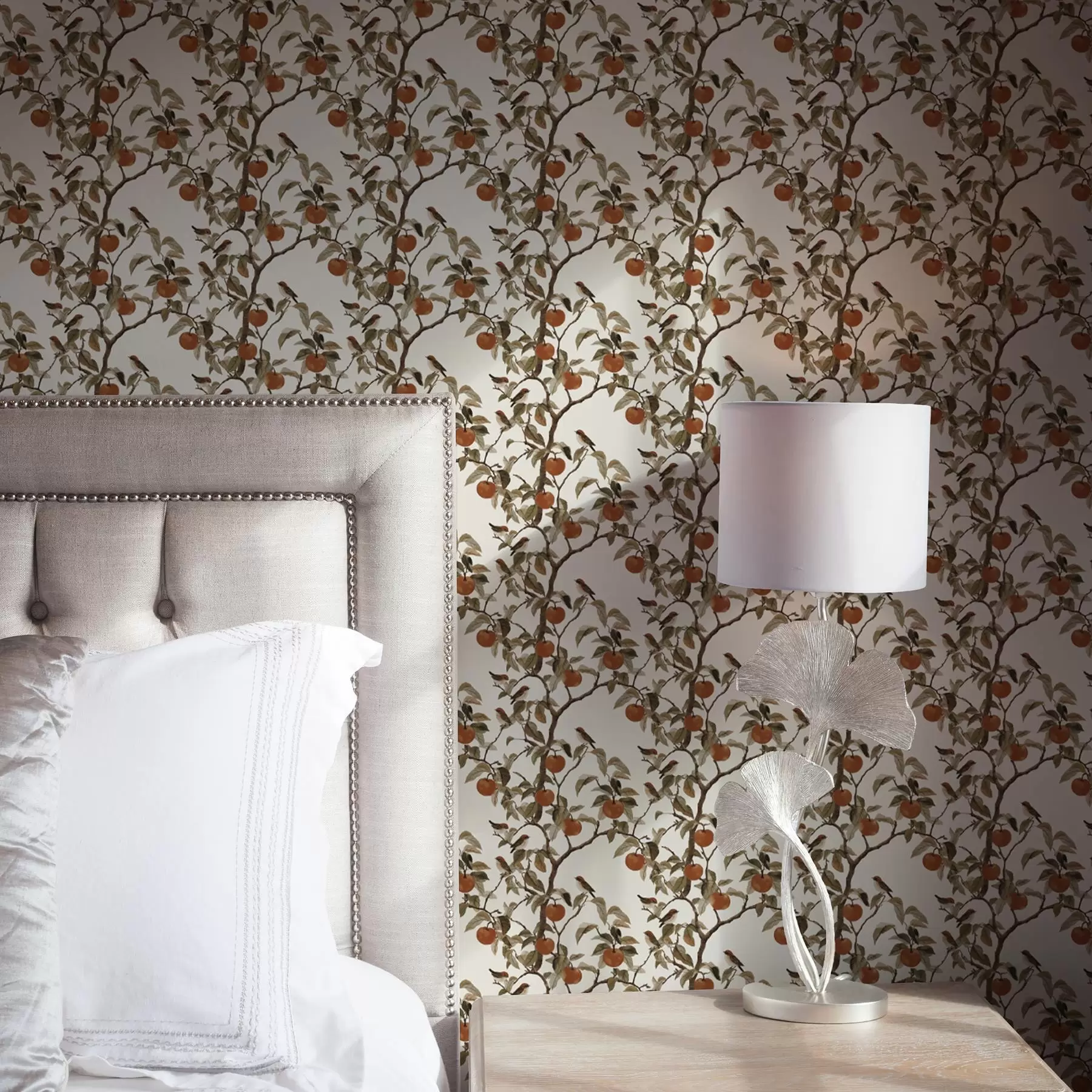 fototapeter Fugler og appelsiner på greiner, vintage botanikk a00208