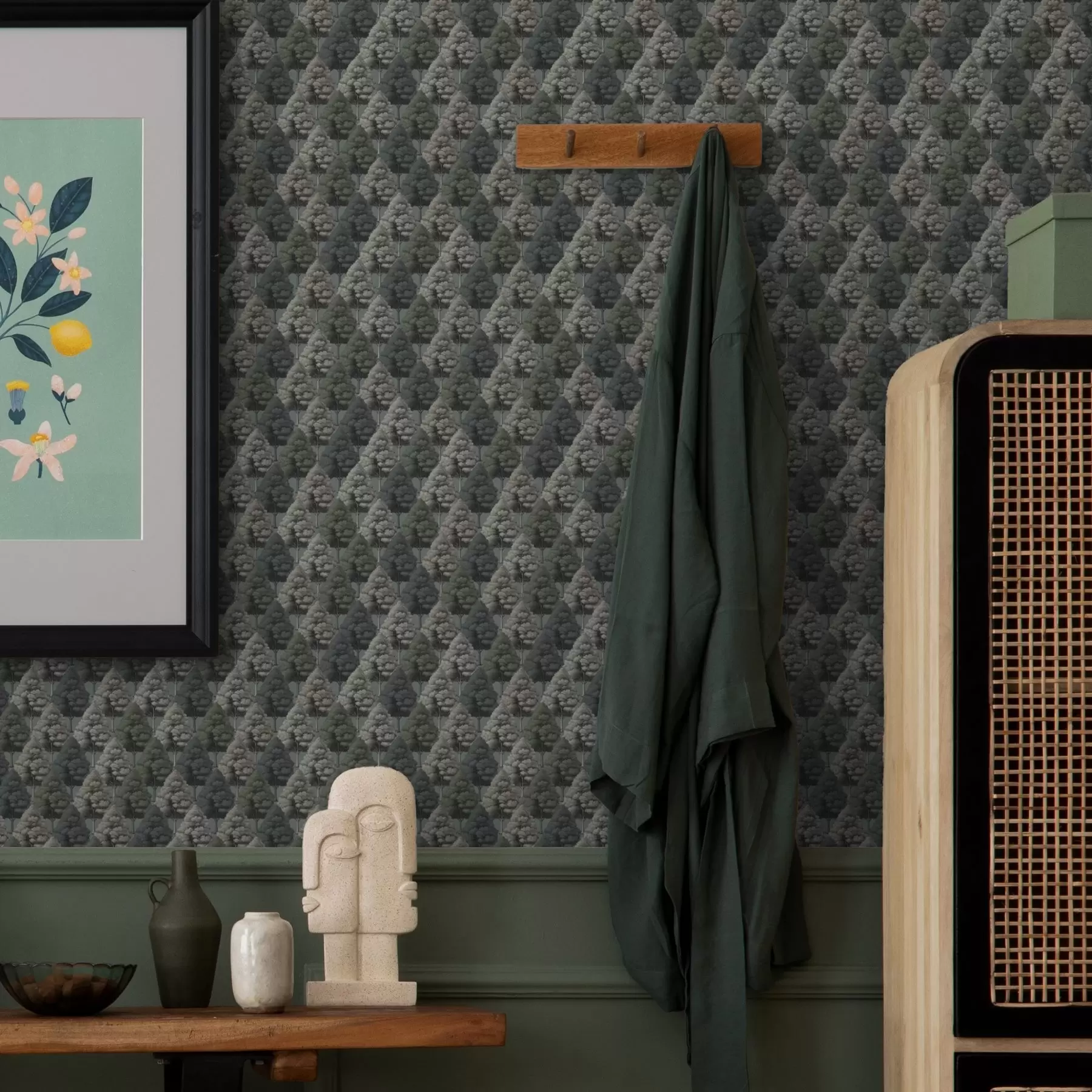 fototapeter Geometrisk skogsmønster med trær i grønne farger a00209