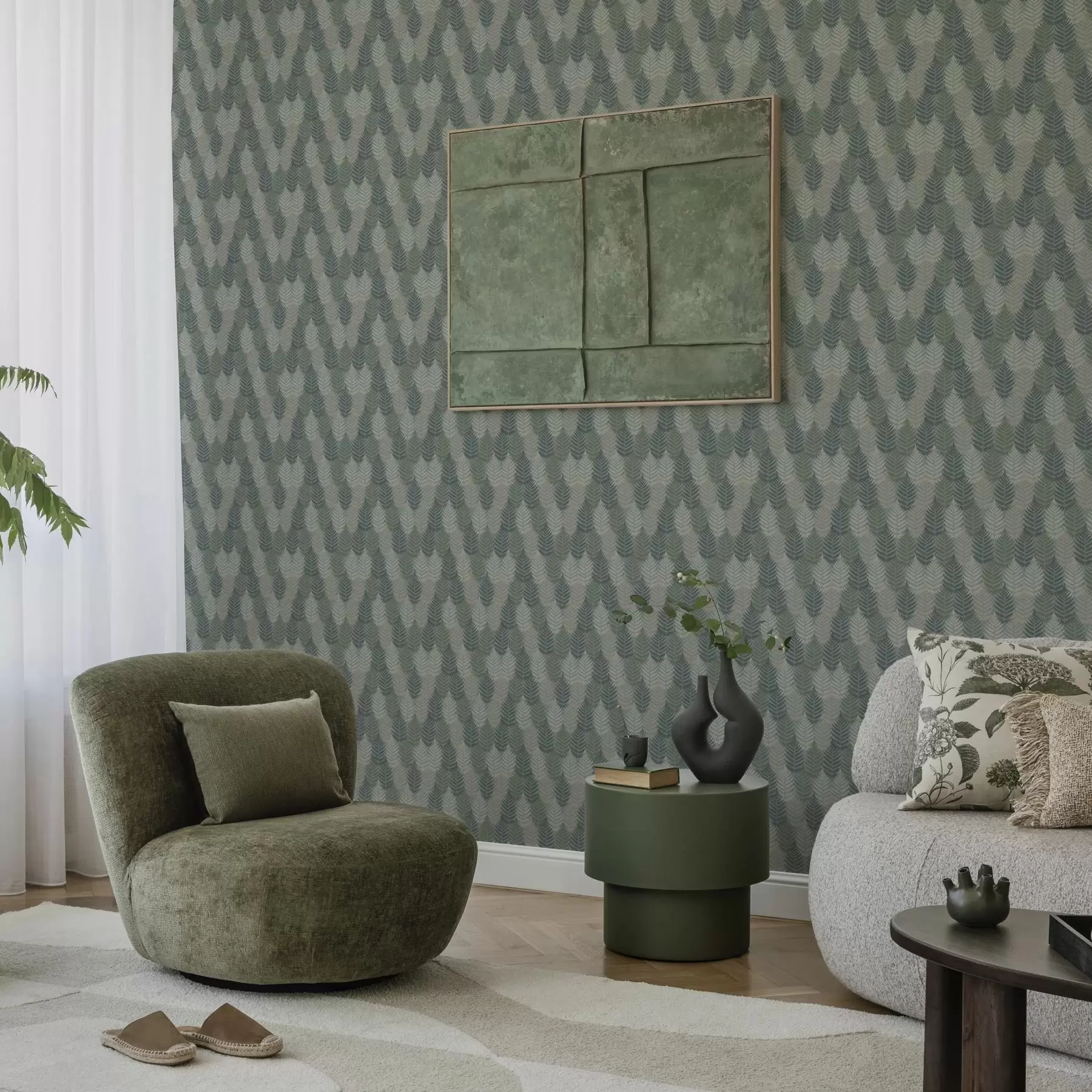 fototapeter Bregneblader, geometrisk mønster, grønne og blå farger a00211