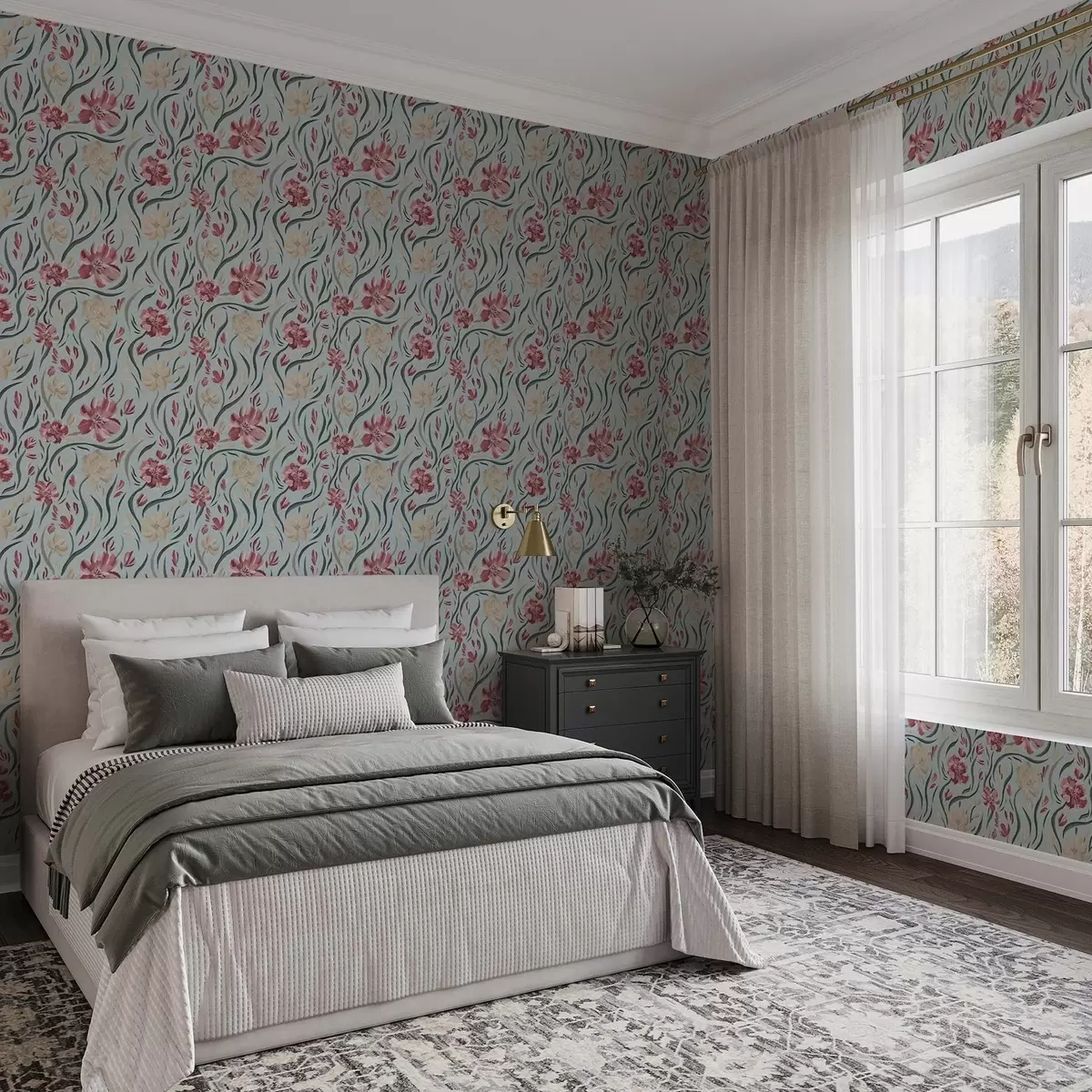 Bakgrunn Akvarellblomster på blå bakgrunn, rødt og beige mønster a00216